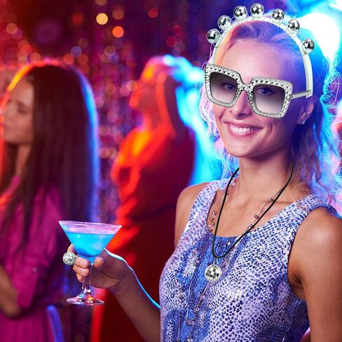 QWORK 2 Set of 1970s Disco Costume Accessories Set for Women - 5 Pcs Includes Disco Ball Earrings, Headband, Ring, Sunglasses- Disco Ball Headpieces Party Costume for Parties, Music Festivals in Saudi Arabia
