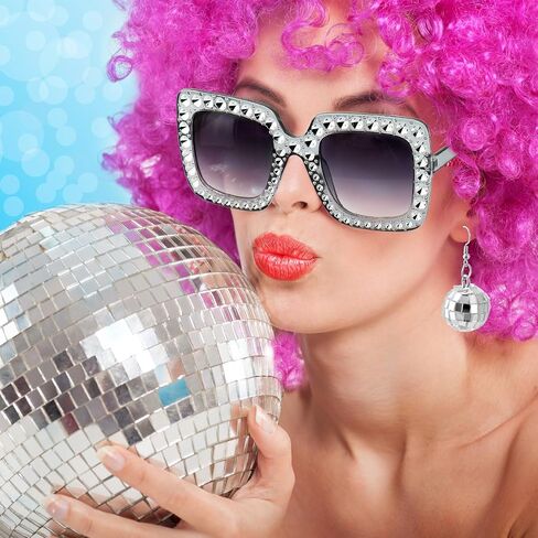 QWORK 2 Set of 1970s Disco Costume Accessories Set for Women - 5 Pcs Includes Disco Ball Earrings, Headband, Ring, Sunglasses- Disco Ball Headpieces Party Costume for Parties, Music Festivals in Saudi Arabia