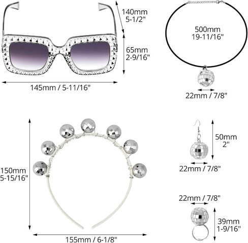 QWORK 2 Set of 1970s Disco Costume Accessories Set for Women - 5 Pcs Includes Disco Ball Earrings, Headband, Ring, Sunglasses- Disco Ball Headpieces Party Costume for Parties, Music Festivals in Saudi Arabia