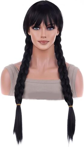 AneShe شعر مستعار بضفائر سوداء مع غرة طويلة، شعر مستعار مضفر أسود من أجل Grils، شعر مستعار اصطناعي مع 2 ضفائر Peluca Negra، فستان لحفلات الهالوين التنكرية in Kuwait