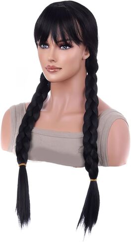 AneShe شعر مستعار بضفائر سوداء مع غرة طويلة، شعر مستعار مضفر أسود من أجل Grils، شعر مستعار اصطناعي مع 2 ضفائر Peluca Negra، فستان لحفلات الهالوين التنكرية in Kuwait