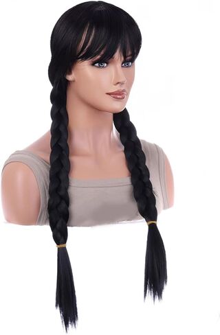 AneShe شعر مستعار بضفائر سوداء مع غرة طويلة، شعر مستعار مضفر أسود من أجل Grils، شعر مستعار اصطناعي مع 2 ضفائر Peluca Negra، فستان لحفلات الهالوين التنكرية in Kuwait