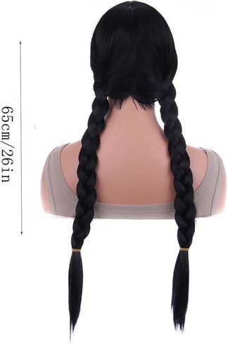 AneShe شعر مستعار بضفائر سوداء مع غرة طويلة، شعر مستعار مضفر أسود من أجل Grils، شعر مستعار اصطناعي مع 2 ضفائر Peluca Negra، فستان لحفلات الهالوين التنكرية in Kuwait