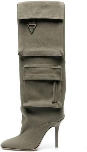 Knee High Denim Boots for Women Sexy Square Toe Stilettos Heel Long Boot with Multiple Side Pocket Dress Pull on Tall Boots Fall Winter in Saudi Arabia