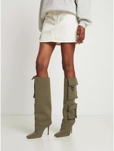Knee High Denim Boots for Women Sexy Square Toe Stilettos Heel Long Boot with Multiple Side Pocket Dress Pull on Tall Boots Fall Winter in Saudi Arabia