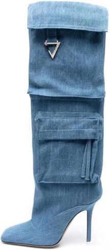 Knee High Denim Boots for Women Sexy Square Toe Stilettos Heel Long Boot with Multiple Side Pocket Dress Pull on Tall Boots Fall Winter in Saudi Arabia