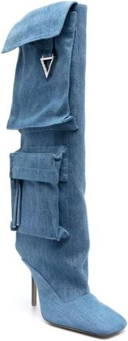 Knee High Denim Boots for Women Sexy Square Toe Stilettos Heel Long Boot with Multiple Side Pocket Dress Pull on Tall Boots Fall Winter in Saudi Arabia
