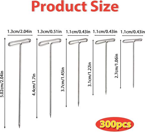 300 Pcs Wig Pins, 5 Various Sizes T-Pins, 2 Inch, 1.7 Inch, 1.4 Inch, 1.2 Inch, 1 Inch, Wig Pins for Mannequin Head, Wig T Pins for Blocking Modelling, Crochet, Wig Making, Sewing Jewelry in Saudi Arabia