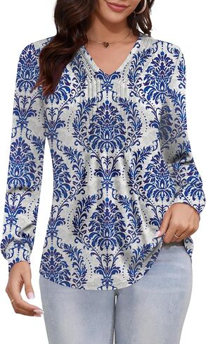 LUYAA Womens Long Sleeve Fall Tops V Neck Pleated Dressy Casual T Shirts Flowy Work Loose Fit Tunic Tops in Saudi Arabia
