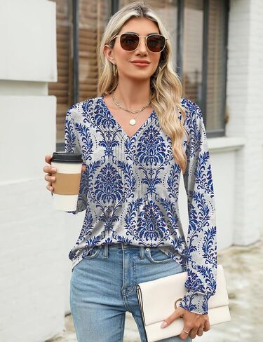 LUYAA Womens Long Sleeve Fall Tops V Neck Pleated Dressy Casual T Shirts Flowy Work Loose Fit Tunic Tops in Saudi Arabia