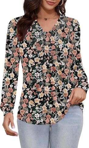 LUYAA Womens Long Sleeve Fall Tops V Neck Pleated Dressy Casual T Shirts Flowy Work Loose Fit Tunic Tops in Saudi Arabia