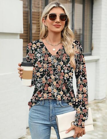 LUYAA Womens Long Sleeve Fall Tops V Neck Pleated Dressy Casual T Shirts Flowy Work Loose Fit Tunic Tops in Saudi Arabia