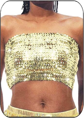 Aukmla Sparkly Sequin Tube Top Strapless Bra Crop Tops Metallic Party Clubwear for Women in Saudi Arabia