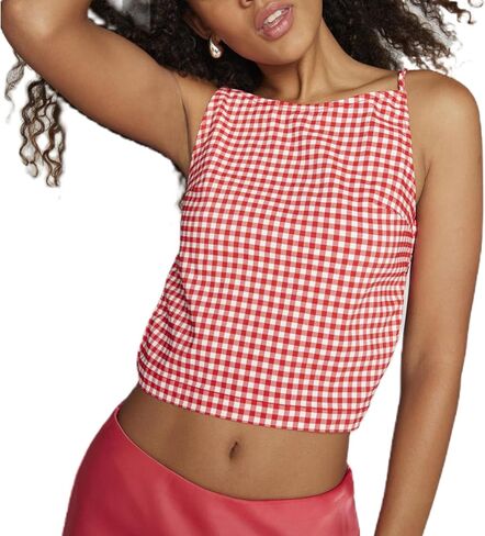 Women Y2K Printed Crop Top Square Neck Sleeveless Gingham Ruffle Runched Camisole Summer Backless Cami Tank Vest in Saudi Arabia