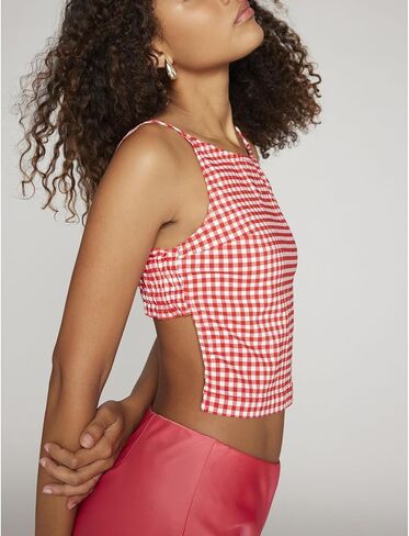Women Y2K Printed Crop Top Square Neck Sleeveless Gingham Ruffle Runched Camisole Summer Backless Cami Tank Vest in Saudi Arabia