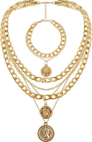 14K Gold Layered Link Chain Necklace Bracelet set for Women Gold Chain Choker Necklaces Link Chain Stackable Bracelets for Women Gifts Jewelry in Saudi Arabia