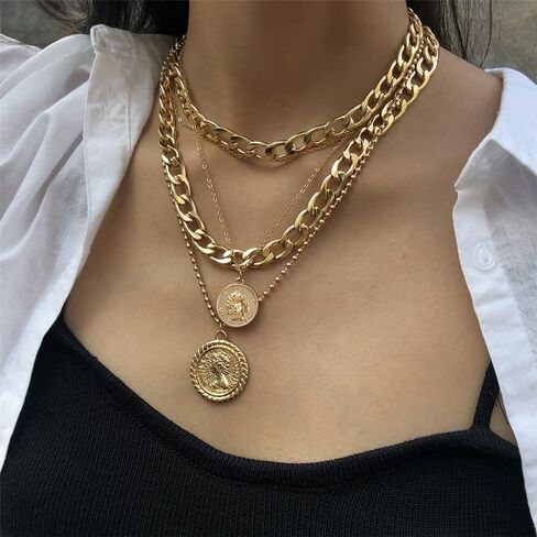 14K Gold Layered Link Chain Necklace Bracelet set for Women Gold Chain Choker Necklaces Link Chain Stackable Bracelets for Women Gifts Jewelry in Saudi Arabia