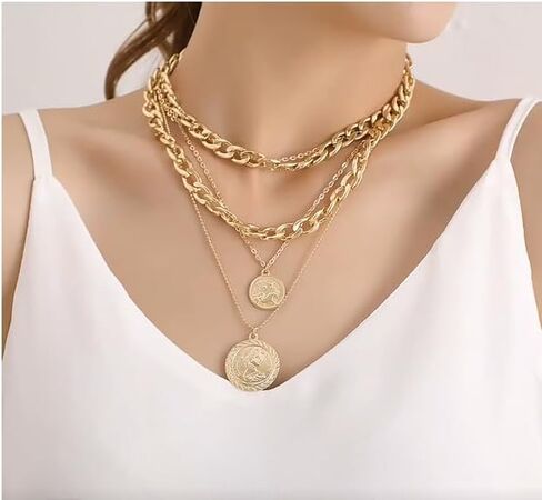 14K Gold Layered Link Chain Necklace Bracelet set for Women Gold Chain Choker Necklaces Link Chain Stackable Bracelets for Women Gifts Jewelry in Saudi Arabia