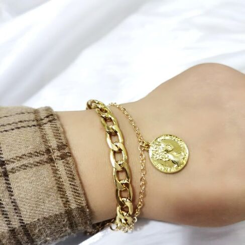 14K Gold Layered Link Chain Necklace Bracelet set for Women Gold Chain Choker Necklaces Link Chain Stackable Bracelets for Women Gifts Jewelry in Saudi Arabia