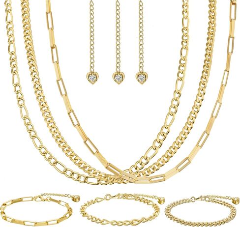 14K Gold Layered Link Chain Necklace Bracelet set for Women Gold Chain Choker Necklaces Link Chain Stackable Bracelets for Women Gifts Jewelry in Saudi Arabia