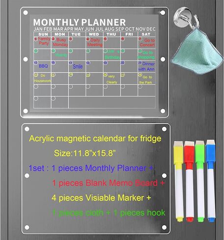 Acrylic Magnetic Calendar for Fridge Strong Magnetic Calendar for Fridge Clear Monthly Planner Weekly Planner Dry Erase Calendar with Markers for Daily Dry Erase Board for Freezers (11.8x15.8inch) in Saudi Arabia