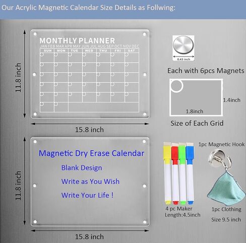 Acrylic Magnetic Calendar for Fridge Strong Magnetic Calendar for Fridge Clear Monthly Planner Weekly Planner Dry Erase Calendar with Markers for Daily Dry Erase Board for Freezers (11.8x15.8inch) in Saudi Arabia