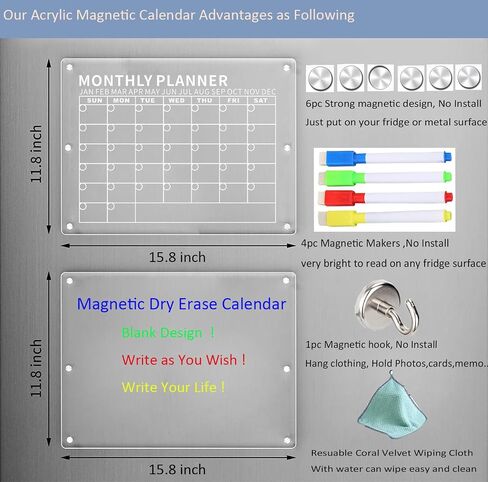 Acrylic Magnetic Calendar for Fridge Strong Magnetic Calendar for Fridge Clear Monthly Planner Weekly Planner Dry Erase Calendar with Markers for Daily Dry Erase Board for Freezers (11.8x15.8inch) in Saudi Arabia