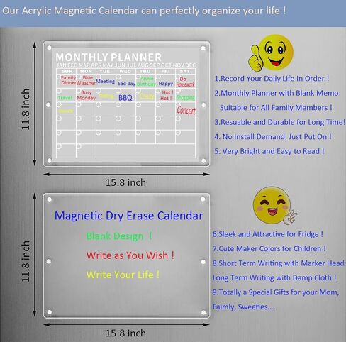 Acrylic Magnetic Calendar for Fridge Strong Magnetic Calendar for Fridge Clear Monthly Planner Weekly Planner Dry Erase Calendar with Markers for Daily Dry Erase Board for Freezers (11.8x15.8inch) in Saudi Arabia