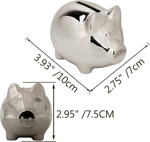 K COOL Vintage Tiny Piggy Bank Creative Metal Alloy Cartoon Money Bank Cute Coin Bank Pig Penny Coin Saving Pot Box with Stopper for Boy Kid Tiny(Shiny Silver) in Saudi Arabia