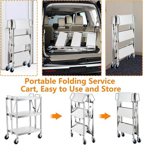 Foldable Service Cart,Utility Service Cart w/ 360° Wheels Lockable, 300Lbs Load Capacity, 3-Tier Shelf Carts for Restaurant Garage Outdoor Storage & Transport, Stainless Steel in Saudi Arabia