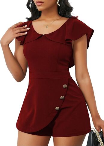 SheKiss Casual Summer Elegant Rompers for Womens Plain Color Short Sleeve Patchwork Button Short Jumpsuits in Kuwait