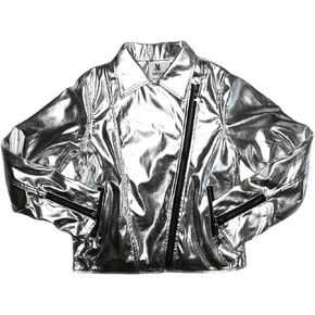 Rebelde Planet – Girls Metallic Jacket, Silver Faux Leather Biker Jacket with Rainbow Heart Patch, Side Pockets - Metallic Zipper with Silver Star Slider - Super Soft Tie Dye Fleece for Inner Lining