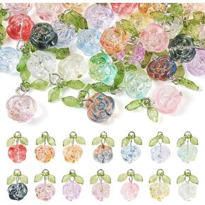 Cheriswelry 28Pcs Rose Flower Charms Crystal Glass Floral Pendants Crafts Transparent Blooming Rose Dangle Charms 14 Colors 22mm for Necklace Bracelet Earring Jewelry Making