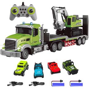 Fistone RC Semi Truck & Excavator Toy Set, 1:12 RC Semi-Trailer Truck with Sound and Lights, 2.4Ghz Remote Control Flatbed Truck with Excavator Toys, Construction Vehicles Toy for Boys 6-12 Years Old
