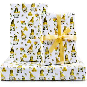 AircooL Bee Wrapping Paper for Kids Boys Girls, Cute Honey Honeycomb Sunflower Gnome Gift Paper 6 Sheet Folded Flat 28 x 20 Inches For Bee Birthday, Wedding, Baby Showers, Summer Autumn Holidays