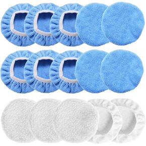 15PCS Car Polisher Pad Bonnets, 5 to 6 Inch Soft Polishing Bonnets Buffing Pads, Car Wax Cover Kit for Car Orbital Buffer Polisher, 10 Microfiber Bonnets + 5 Woollen Polishing Pad Covers (5-6 Inches)