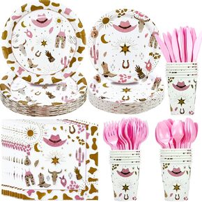 Western Cowgirl Party Decoration Tableware - Cowgirl Birthday Party Supplies Include Plate, Napkin, Tablecloth, Cutlery, Wild West Cowgirl Theme Party Decorations Dinnerware | Serve 24