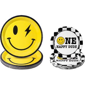 168Pcs One Happy Dude Birthday Paper Plates Yellow Smile Face Party Plates One Happy Dude Plates Cups Napkins Plastic Spoons Forks Knives Party Favors for Birthday Baby Shower Bachelor Party,Serves 24