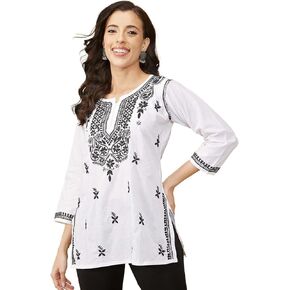 Ada Women's Hand Embroidered Indian Chikankari Cotton Top Tunic Blouse Shirt A411139 White