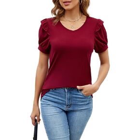 Beauhuty Womens Tops V Neck Tunic Ruched Pleated T-Shirts Flowy Casual Blouses Ruffle Flounce Puff Sleeve