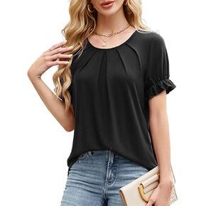 Beauhuty Womens Tops V Neck Tunic Ruched Pleated T-Shirts Flowy Casual Blouses Ruffle Flounce Puff Sleeve
