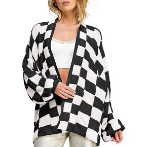 Saodimallsu Womens Checkered Oversized Cardigan Sweaters Color Block Chunky Open Front Lantern Sleeve Plaid Knit Coats