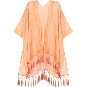 WeHello Women's Burnout Velvet Kimono Long Cardigan Cover Up with Tassel (Tropical Peach)