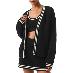 Women's Rib Knit Cardigan Sweaters Long Sleeve Button Down Casual Jacket Striped V Neck Knit Outerwear