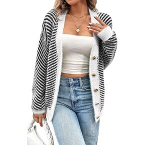 Pink Queen Women's Fuzzy Sweater Cardigans 2024 Long Sleeve Button Down Open Front Stripe Color Block Knit Cardigan Outerwear in Kuwait