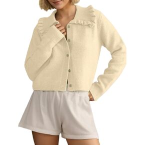 Women Button Dwon Long Sleeve Ruffle Lapel Solid Loose Sweater Cardigan Open Front Knit Cardigans Jacket