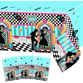 Avezano 3 pcs 50s Tablecloth 1950s Party Decorations Rock Roll Table Cover Large Plastic Tablecloth Back to 50s Birthday Rocking Party Supplies for Music Anniversary Party, 108x54 Inch