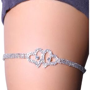 Simple Rhinestone Double Heart Pendant Thigh Chain Crystal Leg Thigh Chain Summer Stretch Thigh Chain Jewelry Bikini Crystal Body Accessories for Women (Double heart-silver)