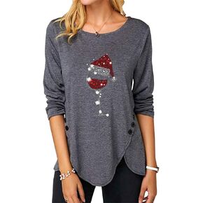 Fuyxxmer Womens Christmas Sweatshirt Red Wine Glass Santa Hat Irregular Button Long Sleeve Round Neck Xmas Shirt