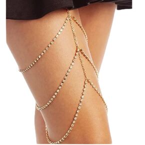 Chargances Boho Rhinestone Thigh Chains Gold Crystal Layered Leg Chain Sexy Tennis Chain Body Statement Jewelry for Women and Girls (1)